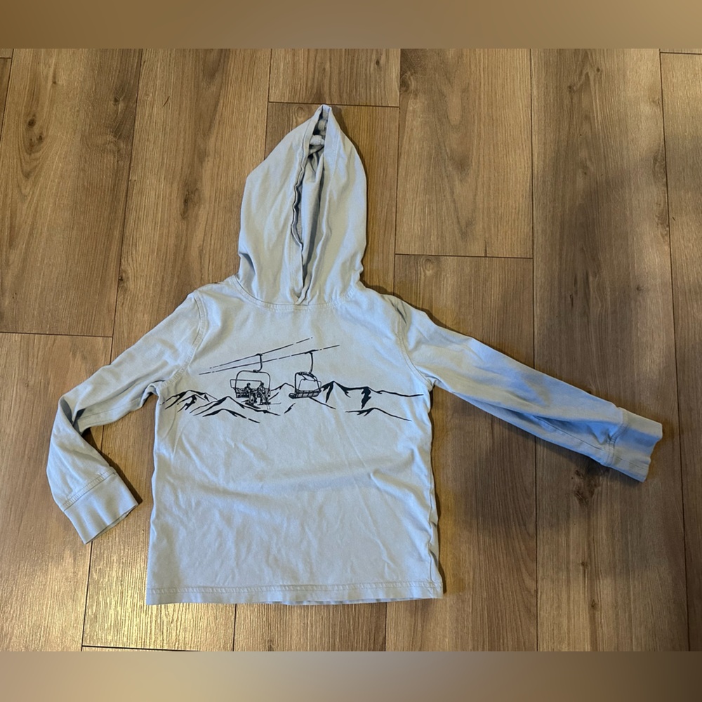 J Crew Boys' ski lift graphic jersey hooded tee
Size: S
Color: FADED CHAMBRAY - Picture 2 of 6